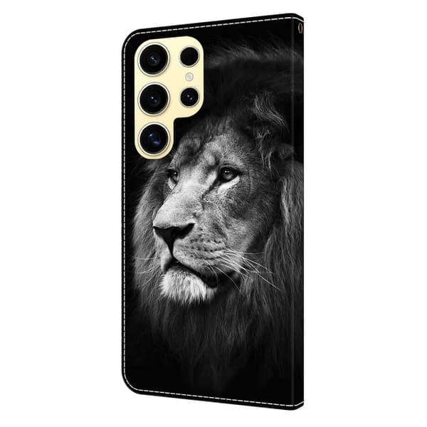 Samsung Galaxy S25 Ultra Plånboksfodral Mönster Tryck Stativ Läder Flip Telefonskal - Lejon Silvergrå