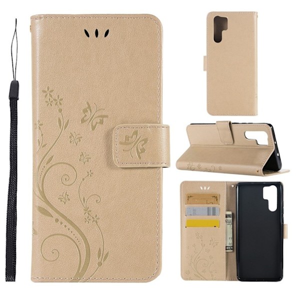 Huawei P30 Pro sommerfugle- og blomstertryk læder flip etui - Guld Gold