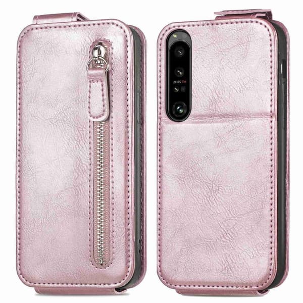 Vertical Flip Phone Etui med Zipper til Sony Xperia 1 IV - Rose Gull Pink