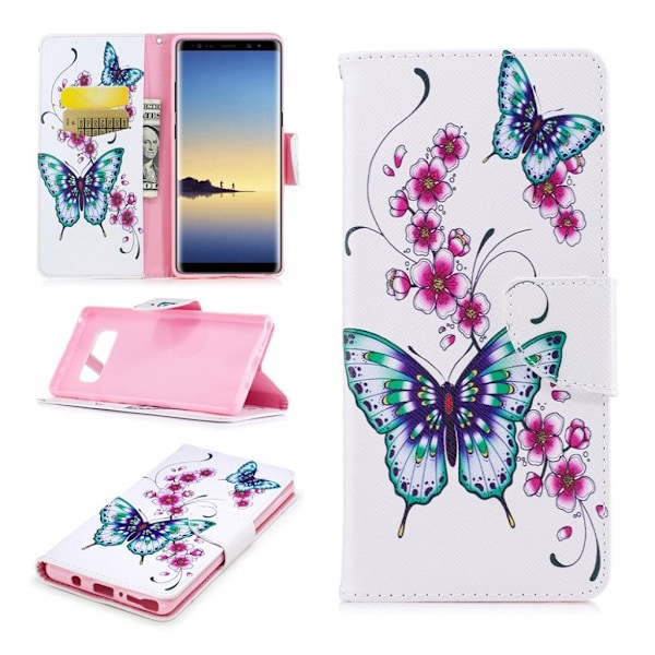 Samsung Galaxy Note 8 Etui med nydelig tryk - Lyserød sommerfugl Multicolor