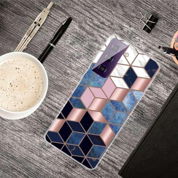 Marble Samsung Galaxy S21 FE Etui - Blå / Guld Terning Multicolor