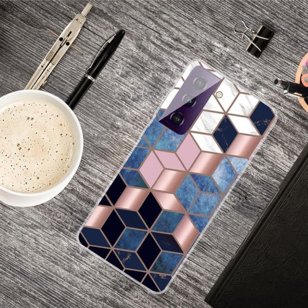 Marble Samsung Galaxy S21 FE Etui - Blå / Gull Terning Multicolor