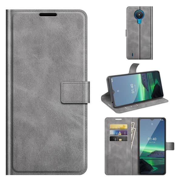 Wallet-style Lær Etui til Nokia 1.4 - Grå Silver grey