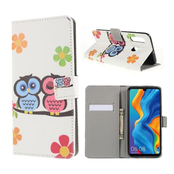 Huawei P30 Lite mønstret læder flip etui - Ugle Kærester Multicolor