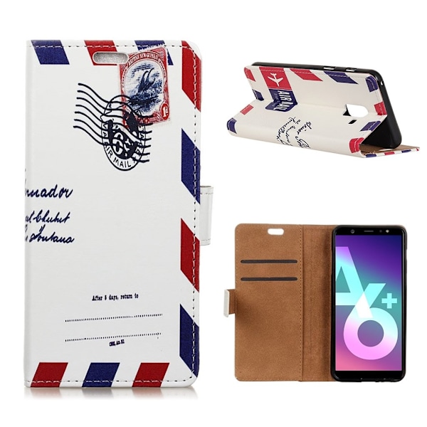 Samsung Galaxy A6 plus mobilfodral PU läder skyddande plånbok stående position tryck på - Retro poststämpel multifärg