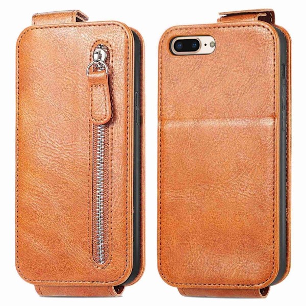 Vertical Flip Phone Etui med Zipper til iPhone 7 Plus / 8 Plus - Brun Brown