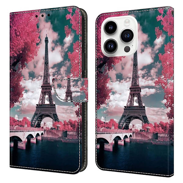 iPhone 16 Pro Plånboksfodral Mönster Tryck Stativ Läder Flip Telefonskal - Eiffeltornet Rosa