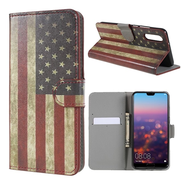 Huawei P20 Printet Mønster PU læder flip etui - Vintage US Flag Multicolor