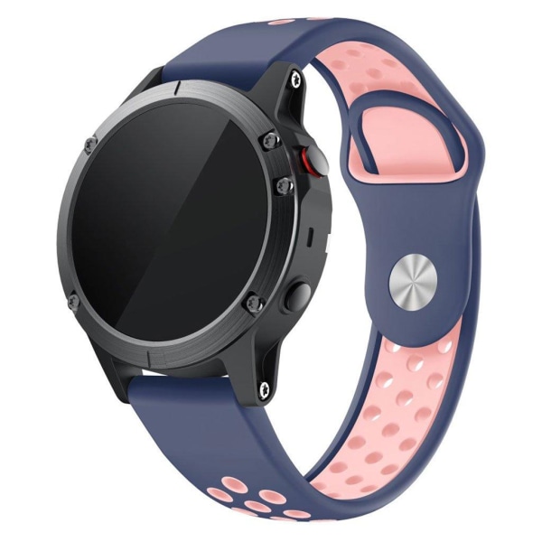 22mm Garmin Forerunner 935 / Quatix 5 / Fenix 5 / Fenix 5 Plus / Approach S60 tofarvet silikone Urrem - Blå / Pink Hole Blue