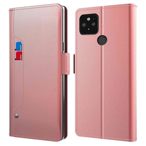 Phone Etui med Make-up Mirror og Slick Design til Google Pixel 5 - Rødguld Pink
