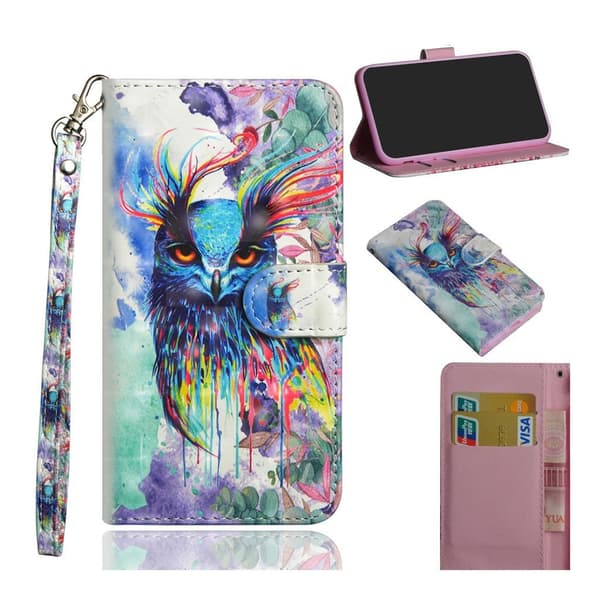 Motorola One Power lys spot dekorations læder flip etui - Farverig Ugle Multicolor