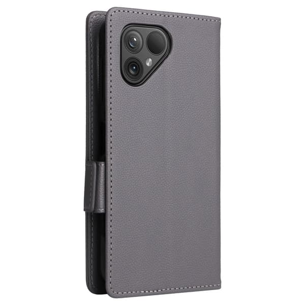 Fairphone 5 Case Litchi Texture Vegan Leather Phone Cover with Strap - Grey Silver grey