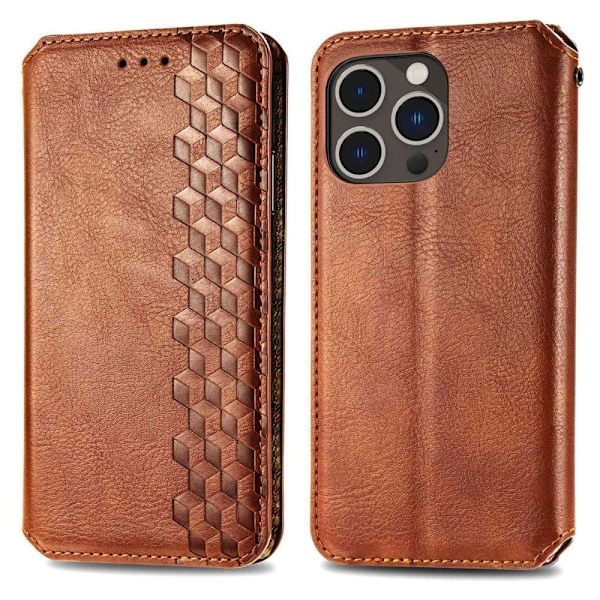 Läder iPhone 14 Pro fodral med romb-design - Brun Brun