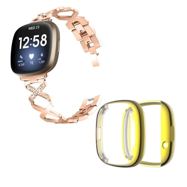 Fitbit Sense / Versa 3 X-formad klockrem med strassdekor och guldfodral - Roséguld Rosa