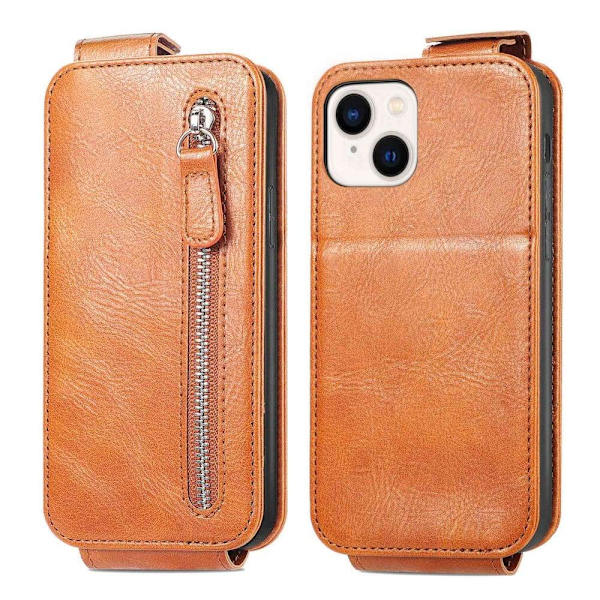 Vertical Flip Phone Suojakotelo With Zipper For iPhone 14 - Ruskea Brown