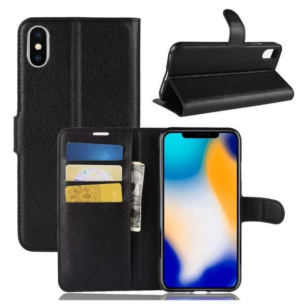 iPhone Xs Max flip etui i læder med litchi-tekstur - Sort Black