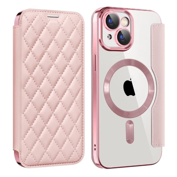 iPhone 15 Plus RFID-blockerande läderfodral med linsfilm - Rosa Rosa