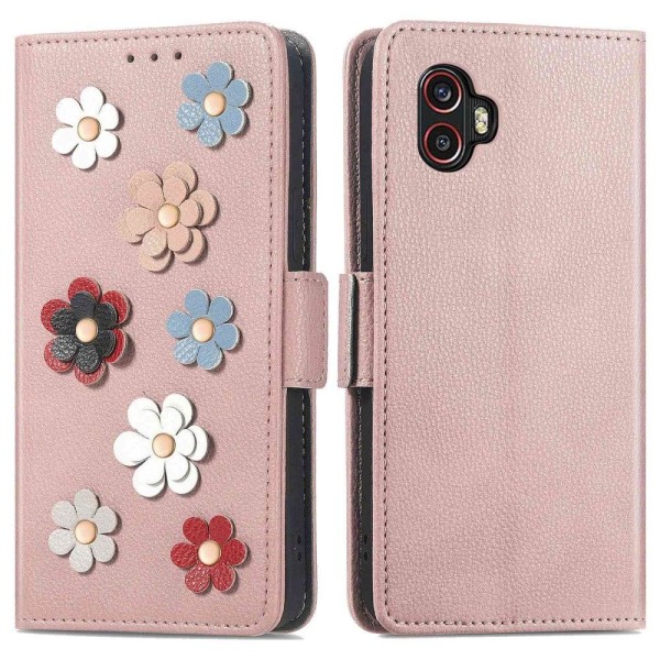 Blødt Samsung Galaxy Xcover 6 Pro læderetui med blomsterdekorati Pink