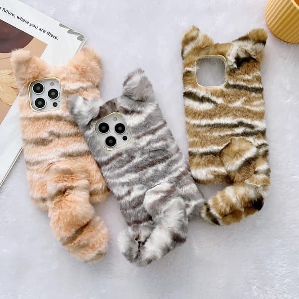iPhone 15 Pro Case Cute Tiger Pattern Furry Flexible Warm Phone Cover - Orange Orange
