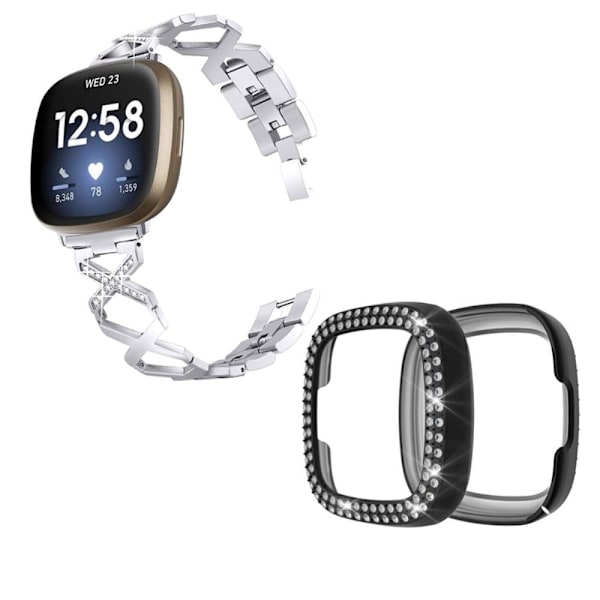 Fitbit Sense / Versa 3 X-formad med strassdekorerat klockarmband med svart fodral - Silver Silvergrå