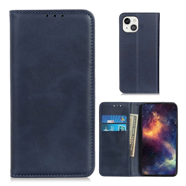 iPhone 13 flip etui i ægte læder med pung – Blå Blue