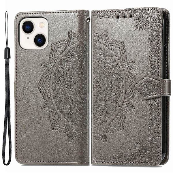Mandala läder iPhone 15 fodral - Silver/Grå Silvergrå