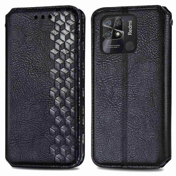 Læder Etui med A Stilfuldt Rhombus Tryk til Xiaomi Redmi 10C - Sort Black