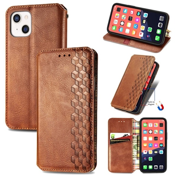 iPhone 13 læderetui med stilfuldt rombe aftryk - Brun Brown