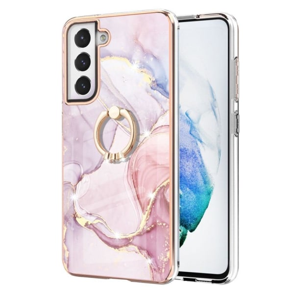 Marble Patterned Suojakuori With Ring Holder For Samsung Galaxy S21 FE - Rose Kulta Marble Haze Pink