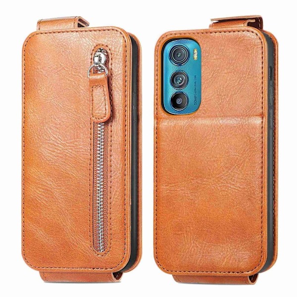 Vertical Flip Phone Suojakotelo With Zipper For Motorola Edge 30 - Ruskea Brown