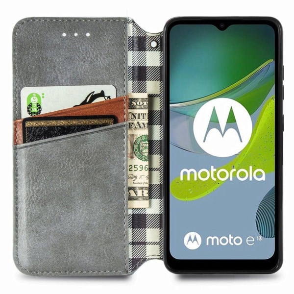 Läder Motorola Moto E13 fodral med romb-design - Silver/Grå Silvergrå