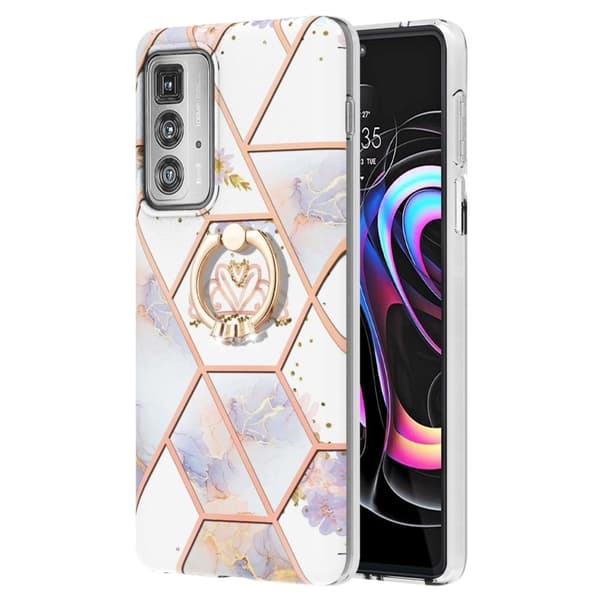 Marble Mønstret Deksel med Ring Holder til Motorola Edge 20 Pro - Krone White