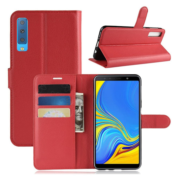 Samsung Galaxy A7 (2018) synteetti nahkainen lompakko kotelo missä liitsihedelmä jyväinen rakenne pinta - Punainen Red