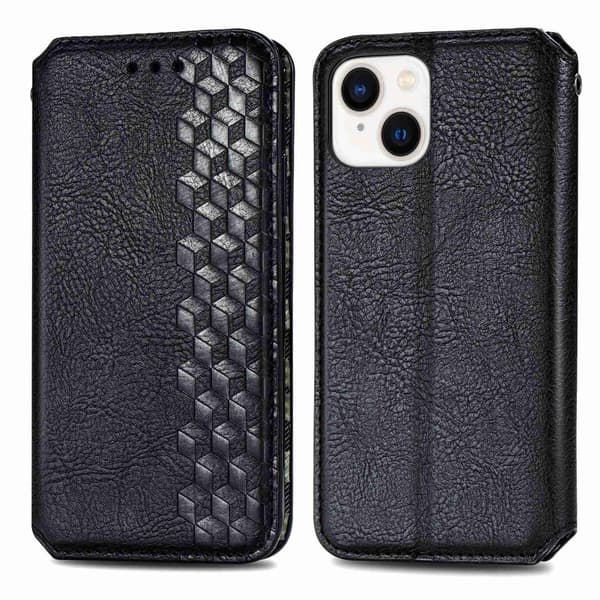 iPhone 14 Plus læderetui med stilfuldt rombe aftryk - Sort Black