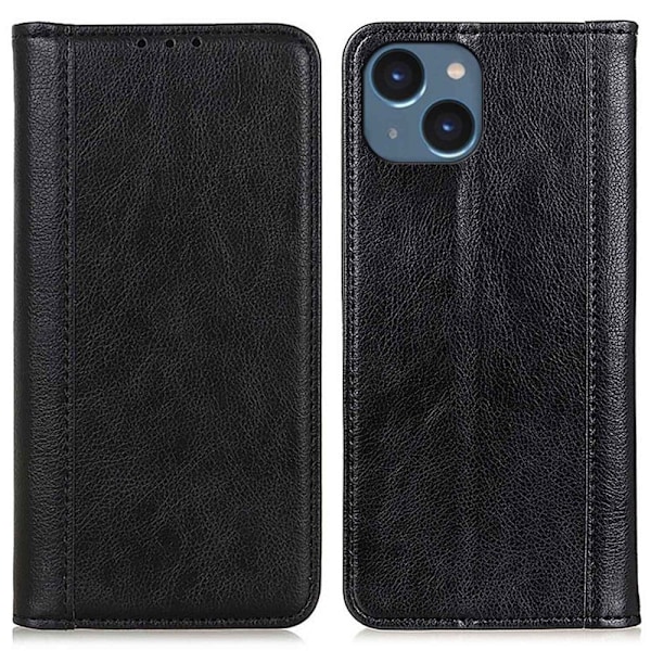 iPhone 14 ægte læderetui med magnetisk lukning - Sort Black
