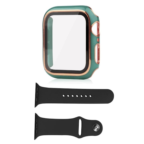 Apple Watch SE 2022 (44mm) suojakuori ja silikonisuojus karkaistulla lasilla - Mustanvihreä / Kulta Green