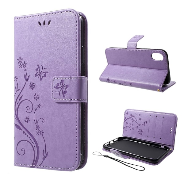 iPhone Xr Perhos Ja Kukka Printtikuviollinen Synteetti Nahkainen Lompakko Kotelo - Vaalean Violetti Purple