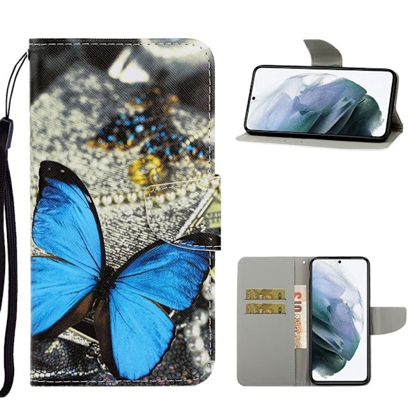 Wonderland Samsung Galaxy S21 FE Flip etui - Big blå sommerfugl Multicolor