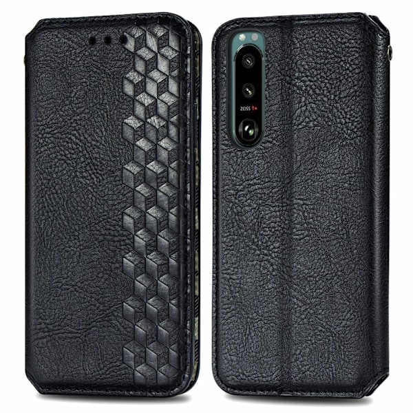 Læder Etui med A Stilfuldt Rhombus Tryk til Sony Xperia 5 IV - Sort Black