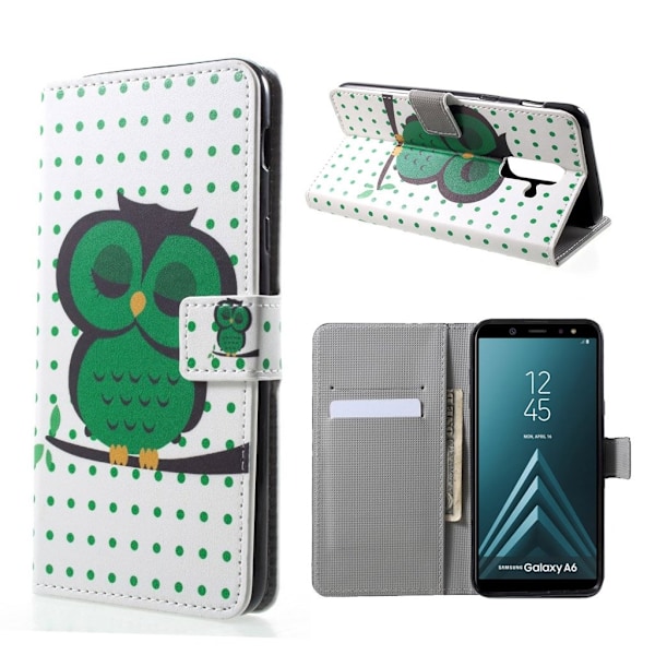 Samsung Galaxy A6 mobiletui i kunstlæder med printet mønster og magnetisk lukkefunktion samt pung - Sovende Ugle Multicolor