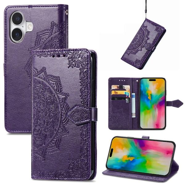 Mandala iPhone 16 etui i lær - Lilla Purple