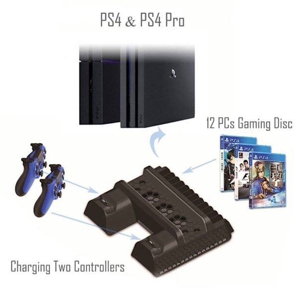 Sony PlayStation 4 laddare för dubbla handkontroller och vertikalt kylställ Svart