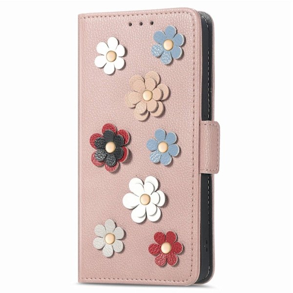 Mjukt läder iPhone 12 Pro Max fodral med blomdekor - Rosa Rosa