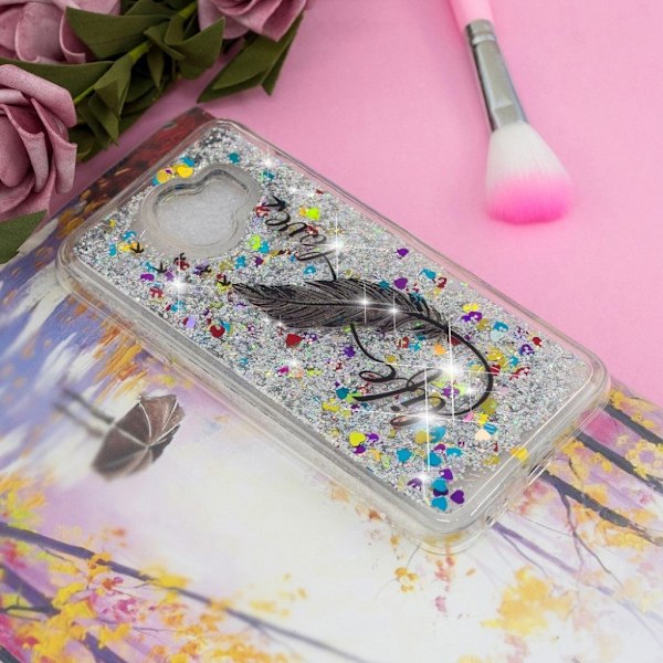 Samsung Galaxy J4 (2018) flytande glitter skal med tryckt mönster - Fjäder multifärg