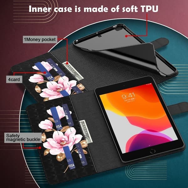 Lenovo Tab P11 läderfodral med snyggt mönster - Rosa Blommor Svart