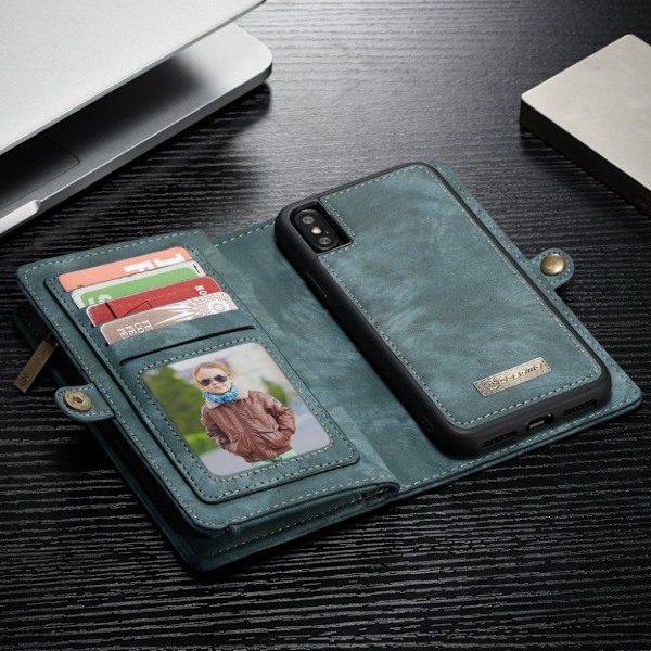 iPhone XS CASEME 2in1 haljais nahkainen lompakko suojakotelo missä useat kortti paikat ja kolikko tasku - Sininen Blue