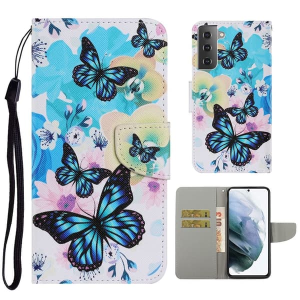 Wonderland Samsung Galaxy S21 FE Flip etui - Blå sommerfugle Blue