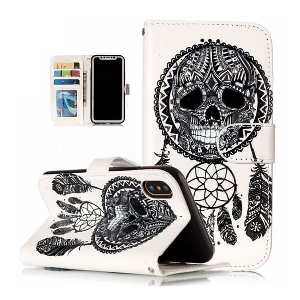 iPhone XS flip cover i læder med præget mønster - Kranie Og Drømmefanger Multicolor
