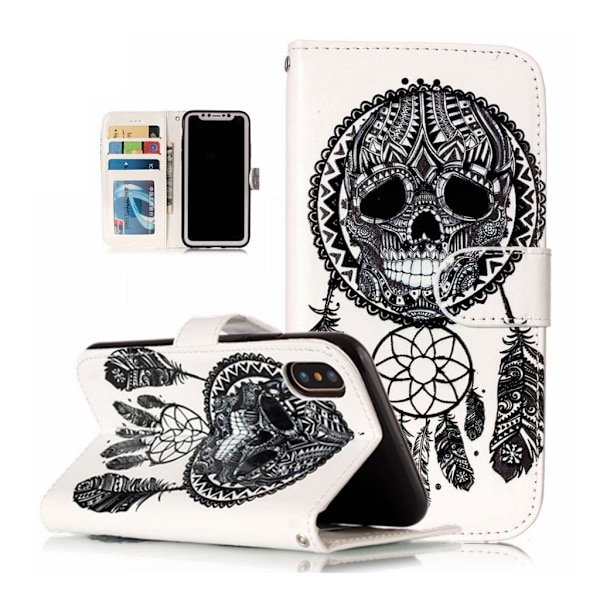iPhone XS kohokuvio pintainen synteetti nahkainen lompakko suojakotelo kortti paikoilla - Unensieppaaja ja Pääkallo Multicolor