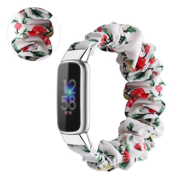 Fitbit Luxe moderiktigt elastiskt klockarmband i scrunchie-stil - Röda Blommor På Vit Bakgrund / Storlek: S multifärg